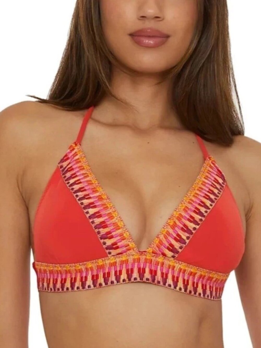 NWT Becca Women's Fiesta Halter V-Neck Bikini Top, Red, Size M